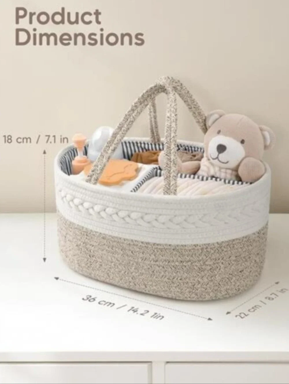Cotton Rope Woven Two-Tone Cream Baby Diaper Caddy Tote Bag